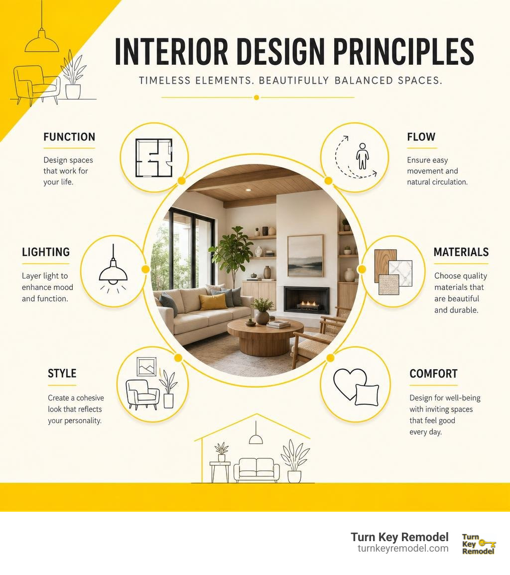 Interior design principles: function, flow, lighting, materials, style, and comfort infographic Interior design principles: function, flow, lighting, materials, style, and comfort infographic