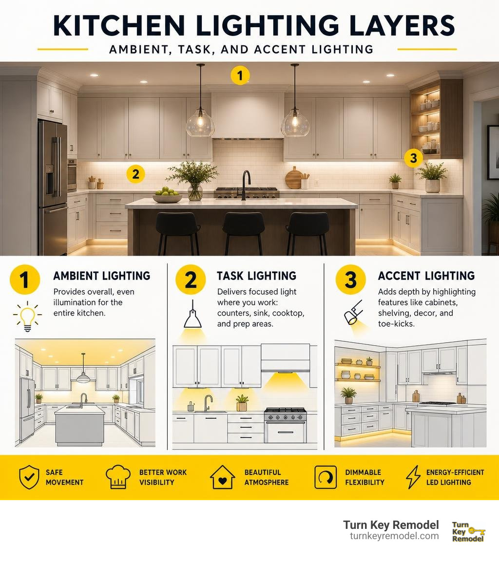 Kitchen lighting layers infographic: ambient, task, and accent lighting infographic Kitchen lighting layers infographic: ambient, task, and accent lighting infographic