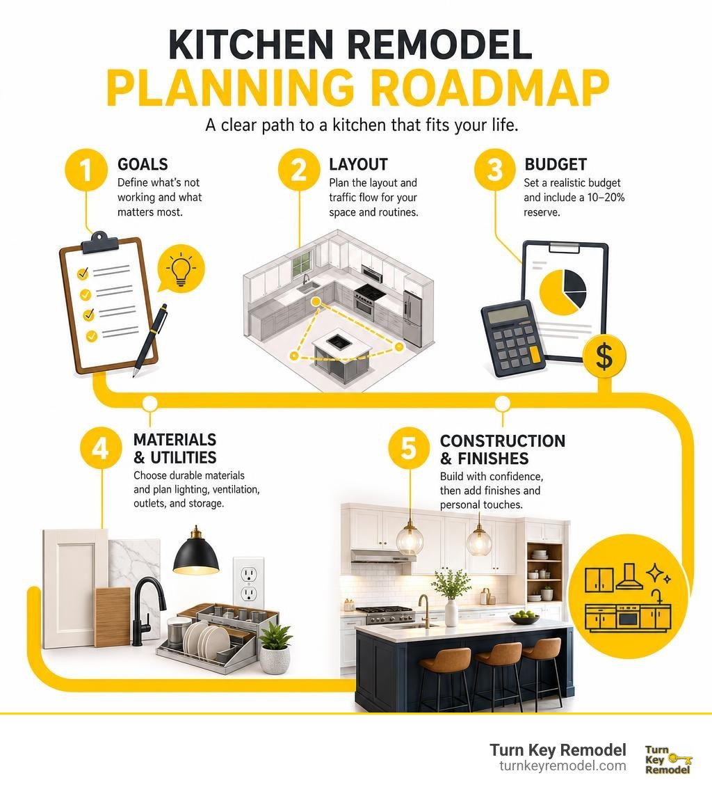 Kitchen remodel planning roadmap: goals, layout, budget, materials, construction infographic Kitchen remodel planning roadmap: goals, layout, budget, materials, construction infographic