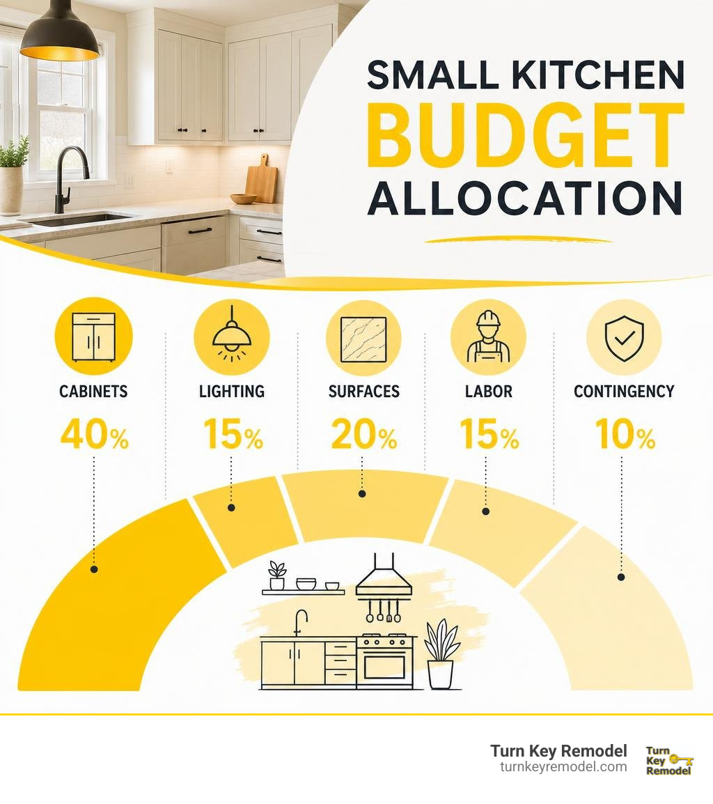 Small kitchen budget allocation: cabinets, lighting, surfaces, labor, contingency infographic Small kitchen budget allocation: cabinets, lighting, surfaces, labor, contingency infographic