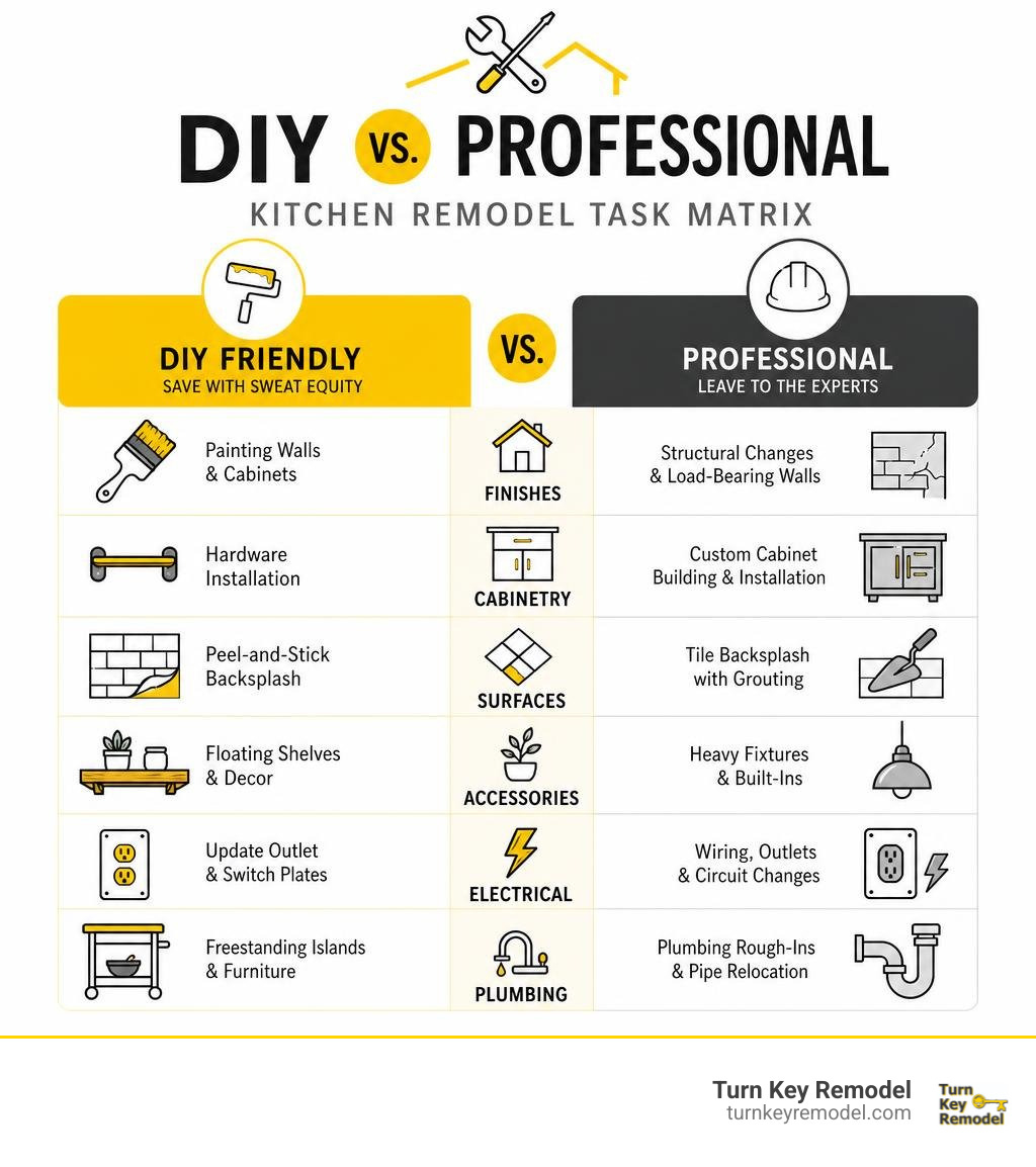 DIY vs Professional Kitchen Remodel Task Matrix infographic DIY vs Professional Kitchen Remodel Task Matrix infographic