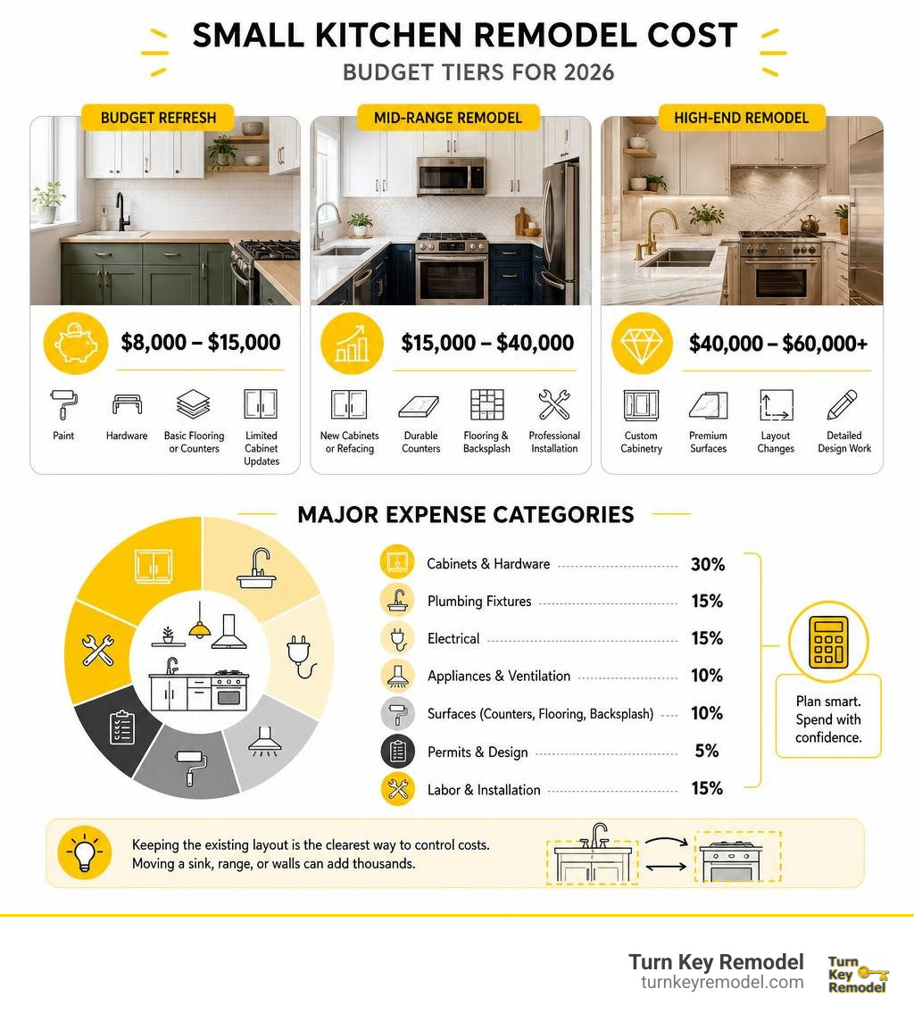 Small kitchen remodel cost budget tiers and major expense categories infographic Small kitchen remodel cost budget tiers and major expense categories infographic