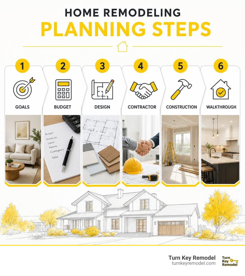 Home remodeling planning steps: goals, budget, design, contractor, construction, walkthrough infographic Home remodeling planning steps: goals, budget, design, contractor, construction, walkthrough infographic