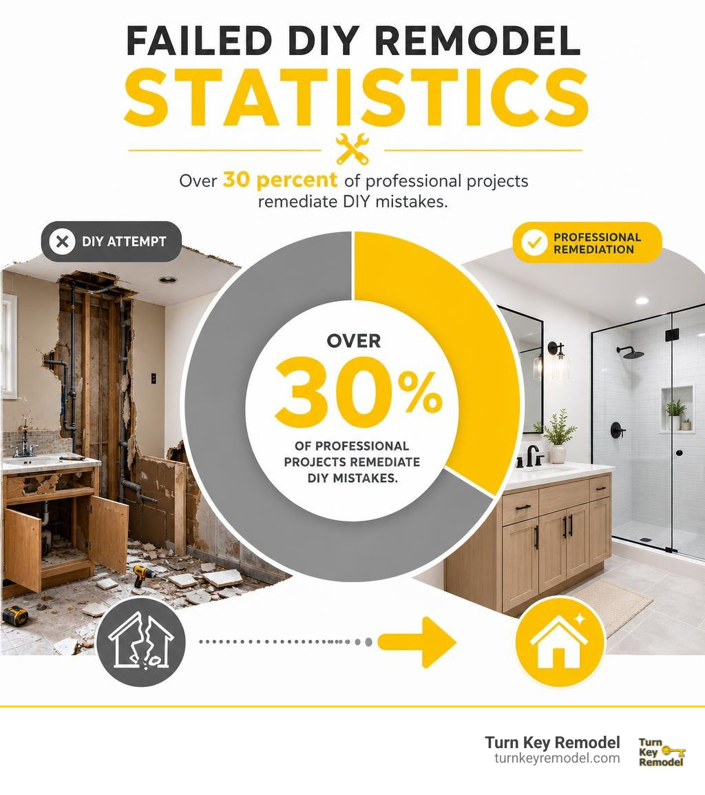 Failed DIY Remodel Statistics: Over 30 percent of professional projects remediate DIY mistakes infographic Failed DIY Remodel Statistics: Over 30 percent of professional projects remediate DIY mistakes infographic