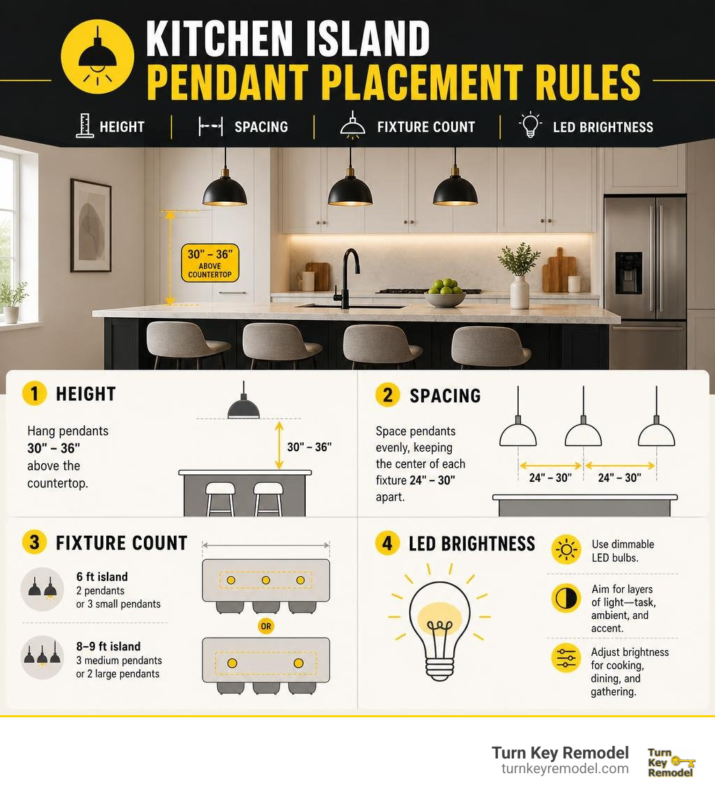 Kitchen island pendant placement rules: height, spacing, fixture count, and LED brightness infographic Kitchen island pendant placement rules: height, spacing, fixture count, and LED brightness infographic