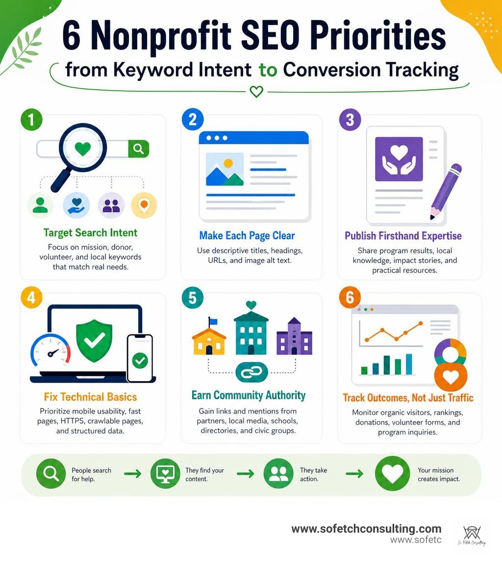 Infographic: six nonprofit SEO priorities from keyword intent to conversion tracking infographic Infographic: six nonprofit SEO priorities from keyword intent to conversion tracking infographic