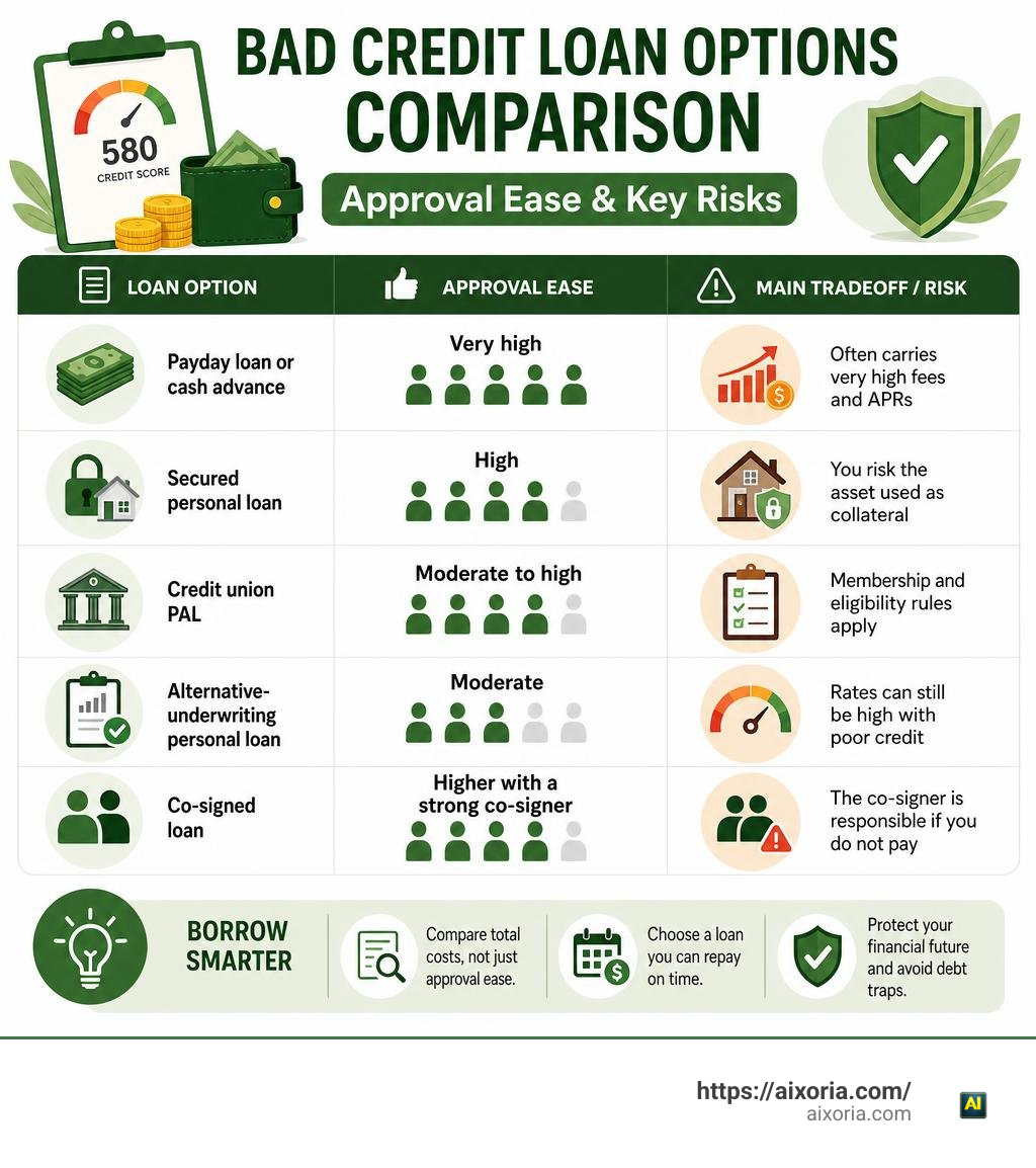 Infographic comparing easy bad credit loan options, approval ease, and key risks infographic Infographic comparing easy bad credit loan options, approval ease, and key risks infographic