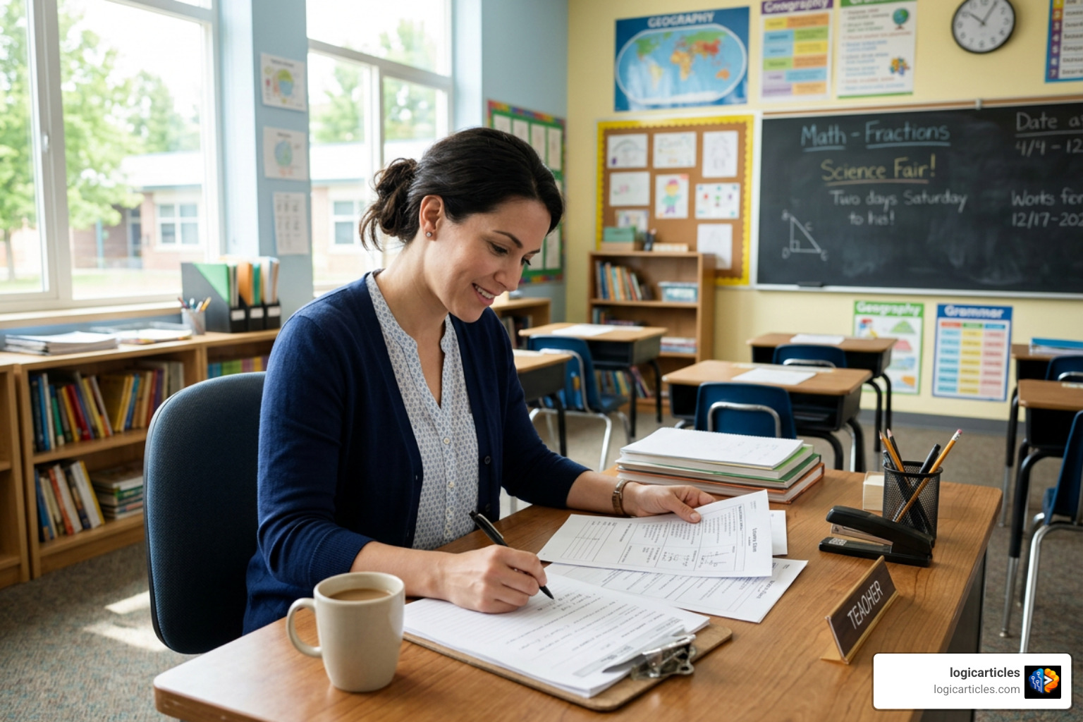 teacher reviewing printed AI lesson materials