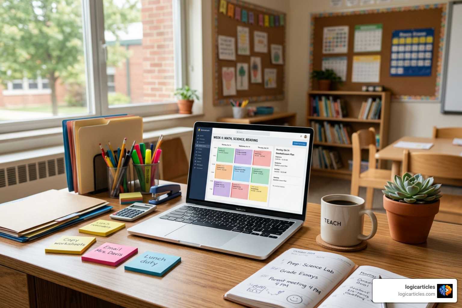 organized teacher workspace with digital planning tools