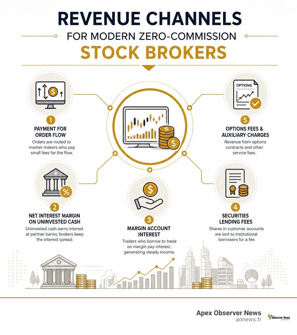 Revenue channels for modern zero-commission stock brokers infographic