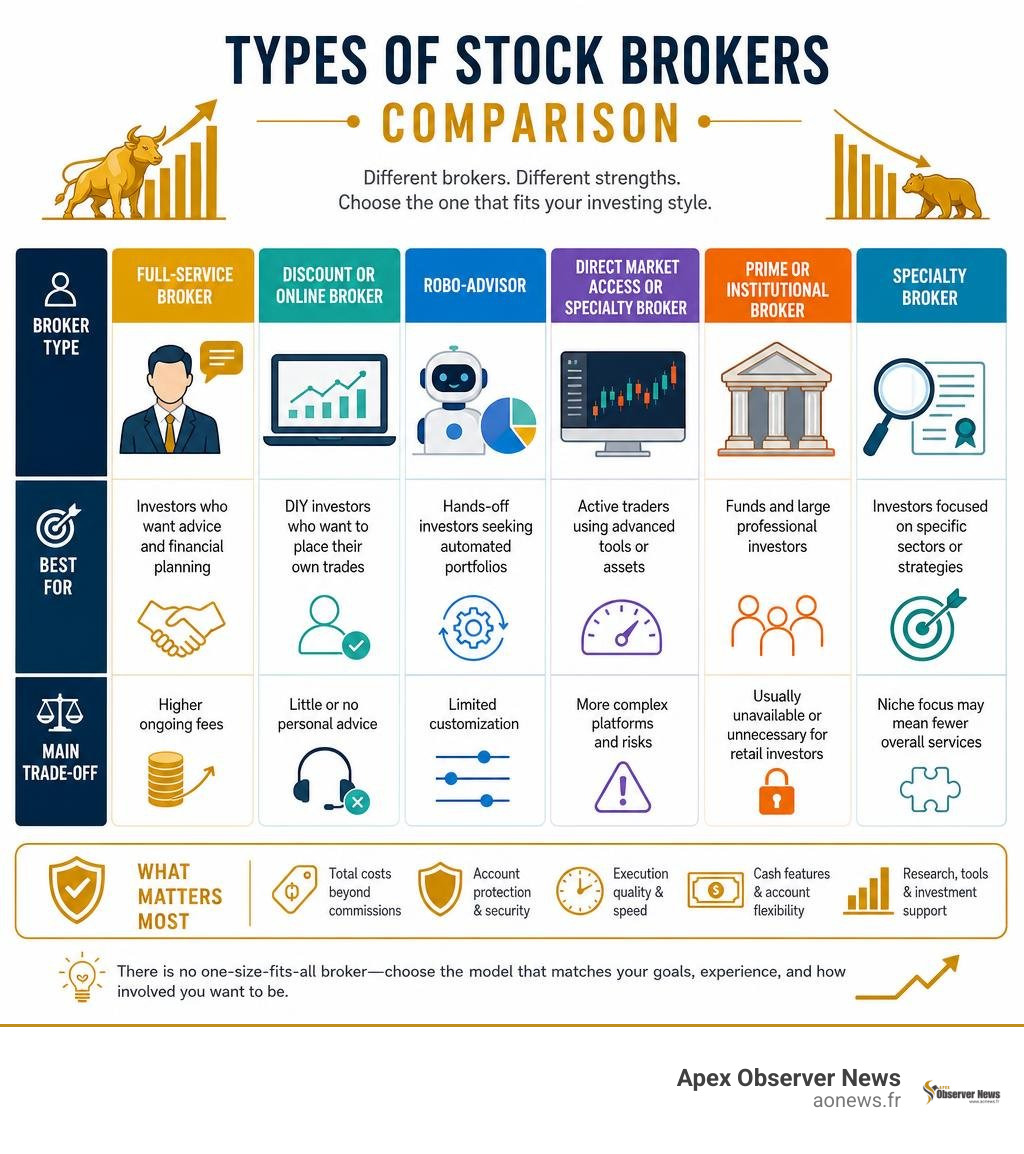 Comparison of full-service, discount, online, robo, specialty, and institutional brokers infographic