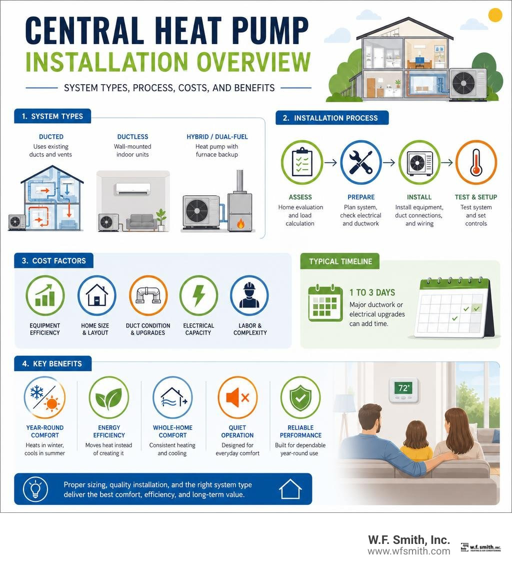 Central heat pump installation overview: system types, process, costs, and benefits infographic Central heat pump installation overview: system types, process, costs, and benefits infographic