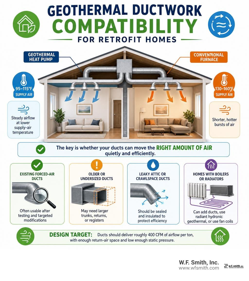 Geothermal ductwork compatibility for retrofit homes infographic Geothermal ductwork compatibility for retrofit homes infographic