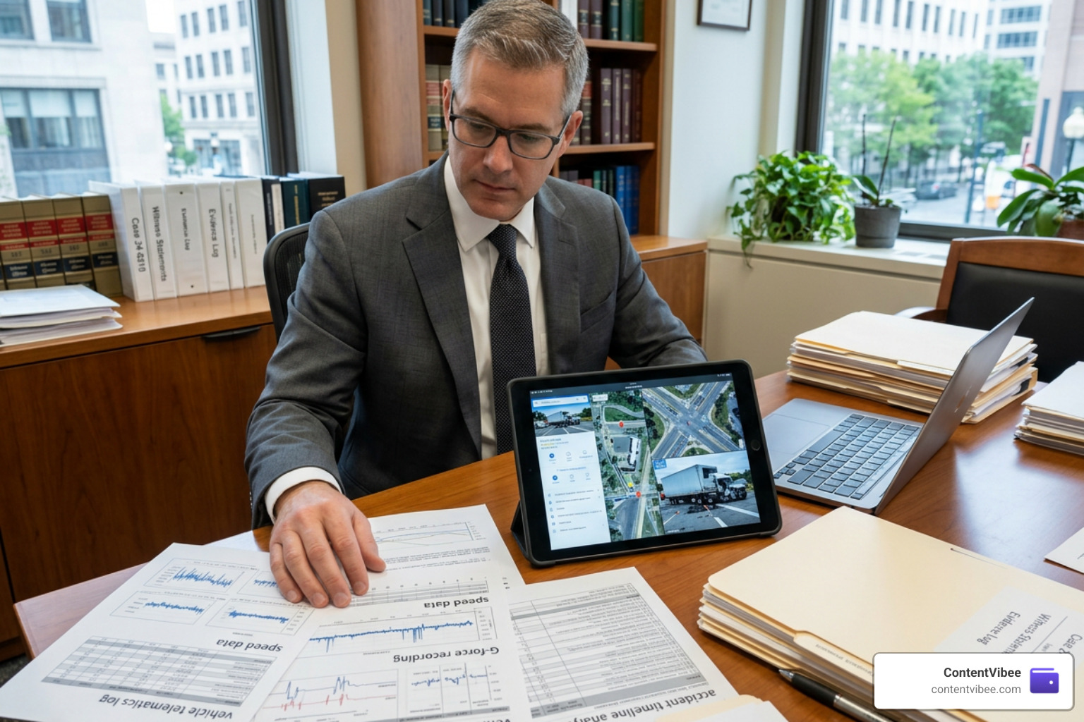 attorney reviewing commercial truck accident evidence and telematics