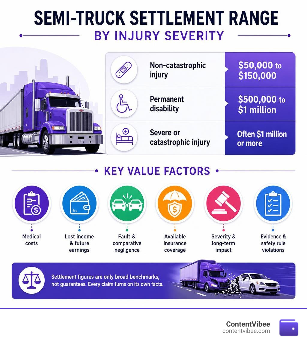 Semi-truck settlement range by injury severity and key value factors infographic