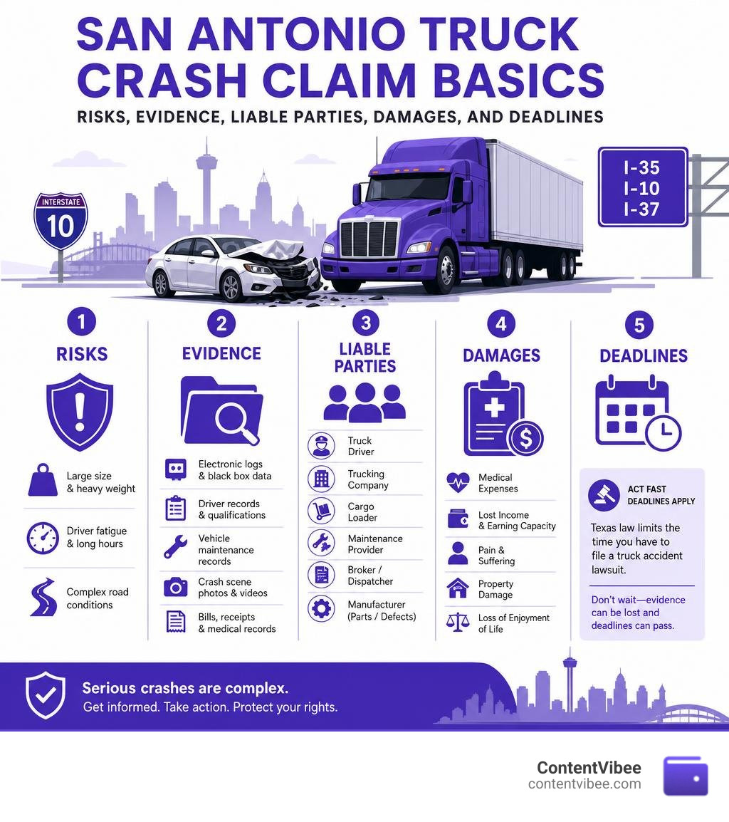 San Antonio truck crash claim basics: risks, evidence, liable parties, damages, and deadlines infographic San Antonio truck crash claim basics: risks, evidence, liable parties, damages, and deadlines infographic