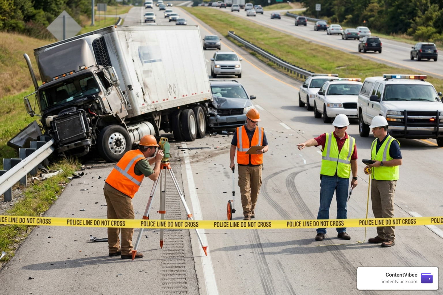 Accident reconstruction team investigating truck wreckage