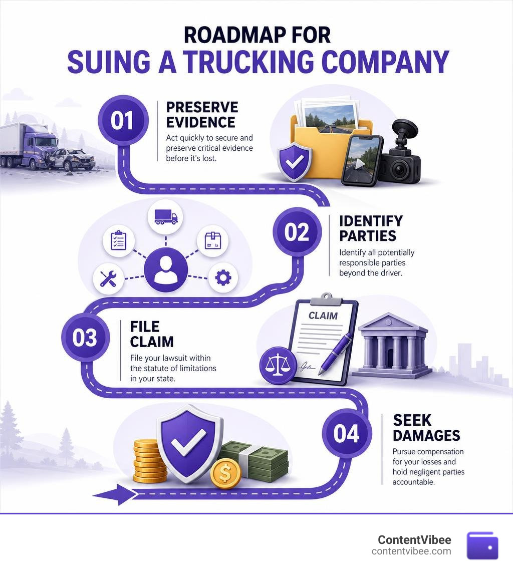 Roadmap for suing a trucking company: preserve evidence, identify parties, file claim, seek damages infographic