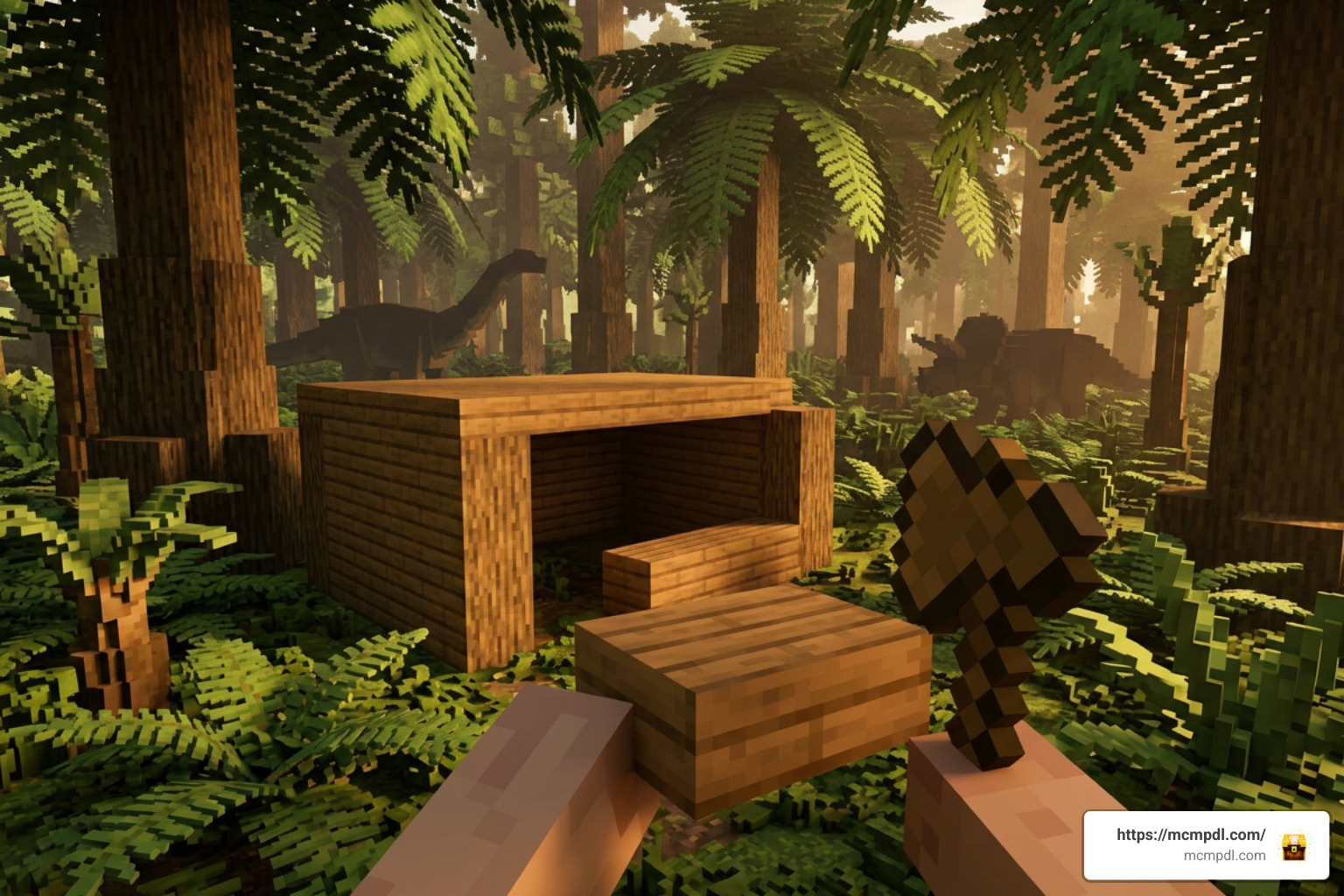 Player building a primal wooden shelter in a prehistoric forest Player building a primal wooden shelter in a prehistoric forest