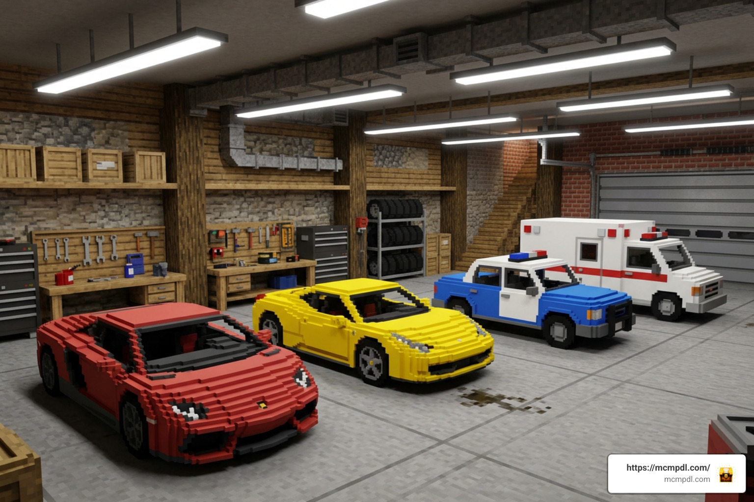 Sports cars and utility vehicles in a Minecraft garage Sports cars and utility vehicles in a Minecraft garage