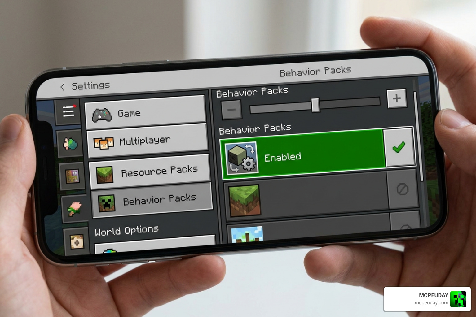 Minecraft world settings menu with behavior pack enabled