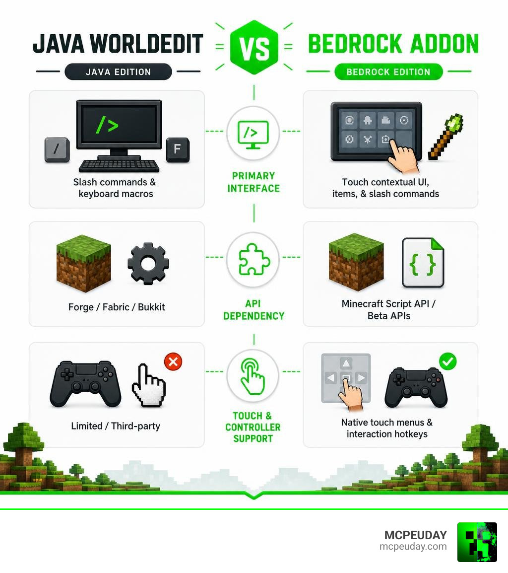 Comparison of Java WorldEdit vs Bedrock Addon features infographic