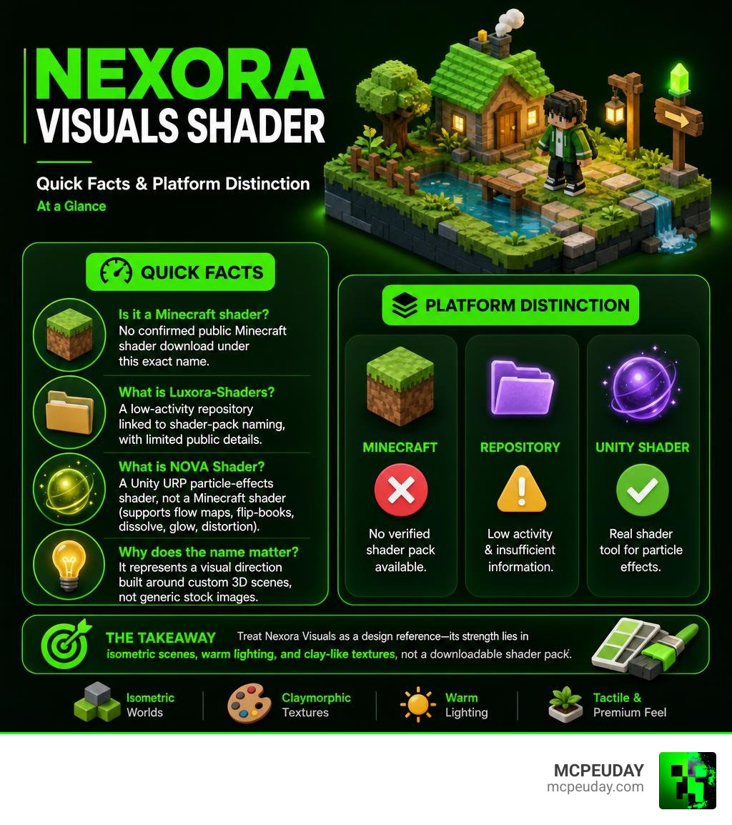 Nexora Visuals Shader quick facts and platform distinction infographic