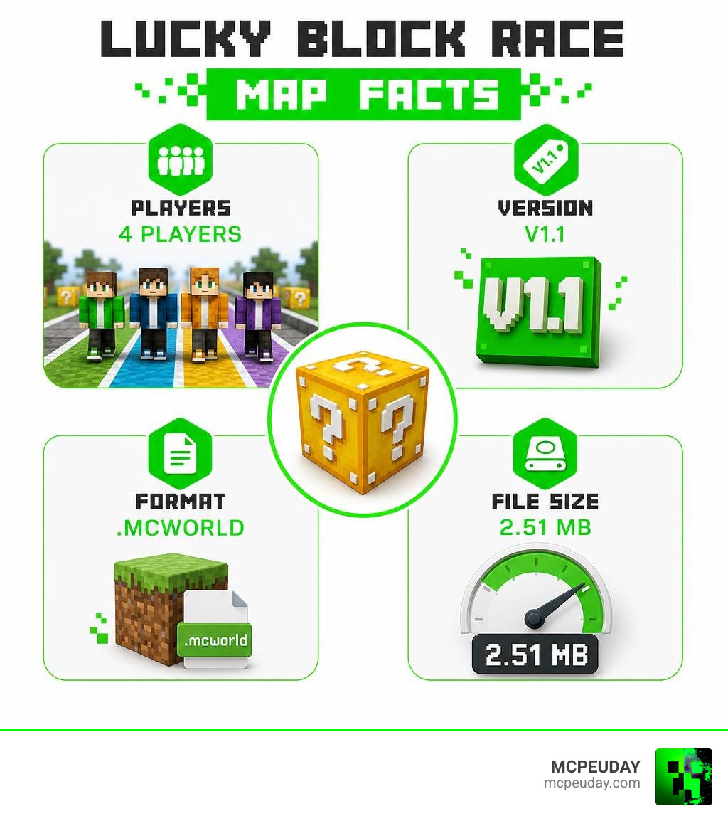Lucky Block Race map facts: four players, V1.1, mcworld format, 2.51 MB infographic