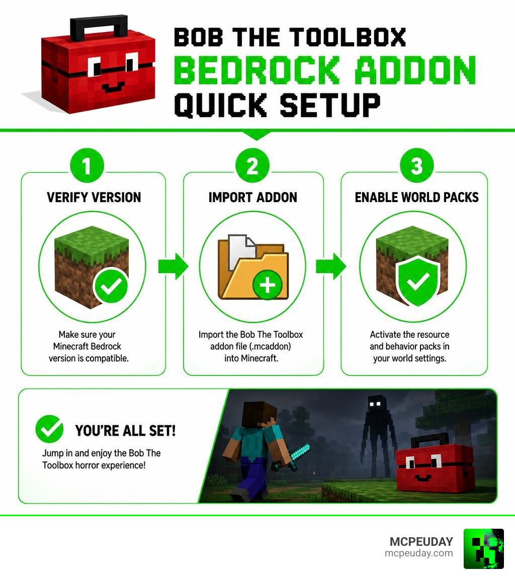 Bob The Toolbox Bedrock addon quick setup: verify version, import addon, enable world packs infographic