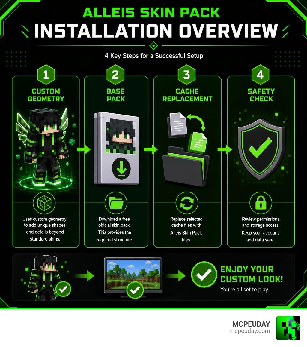Alleis Skin Pack installation overview: custom geometry, base pack, cache replacement, safety check infographic