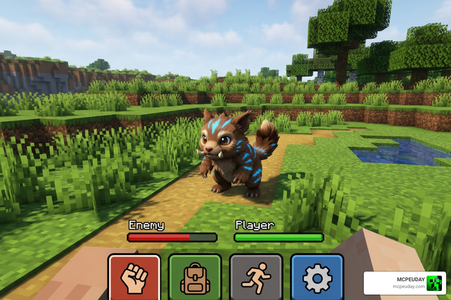 Pokémon battle interface in Minecraft PE showing player battling a wild creature Pokémon battle interface in Minecraft PE showing player battling a wild creature