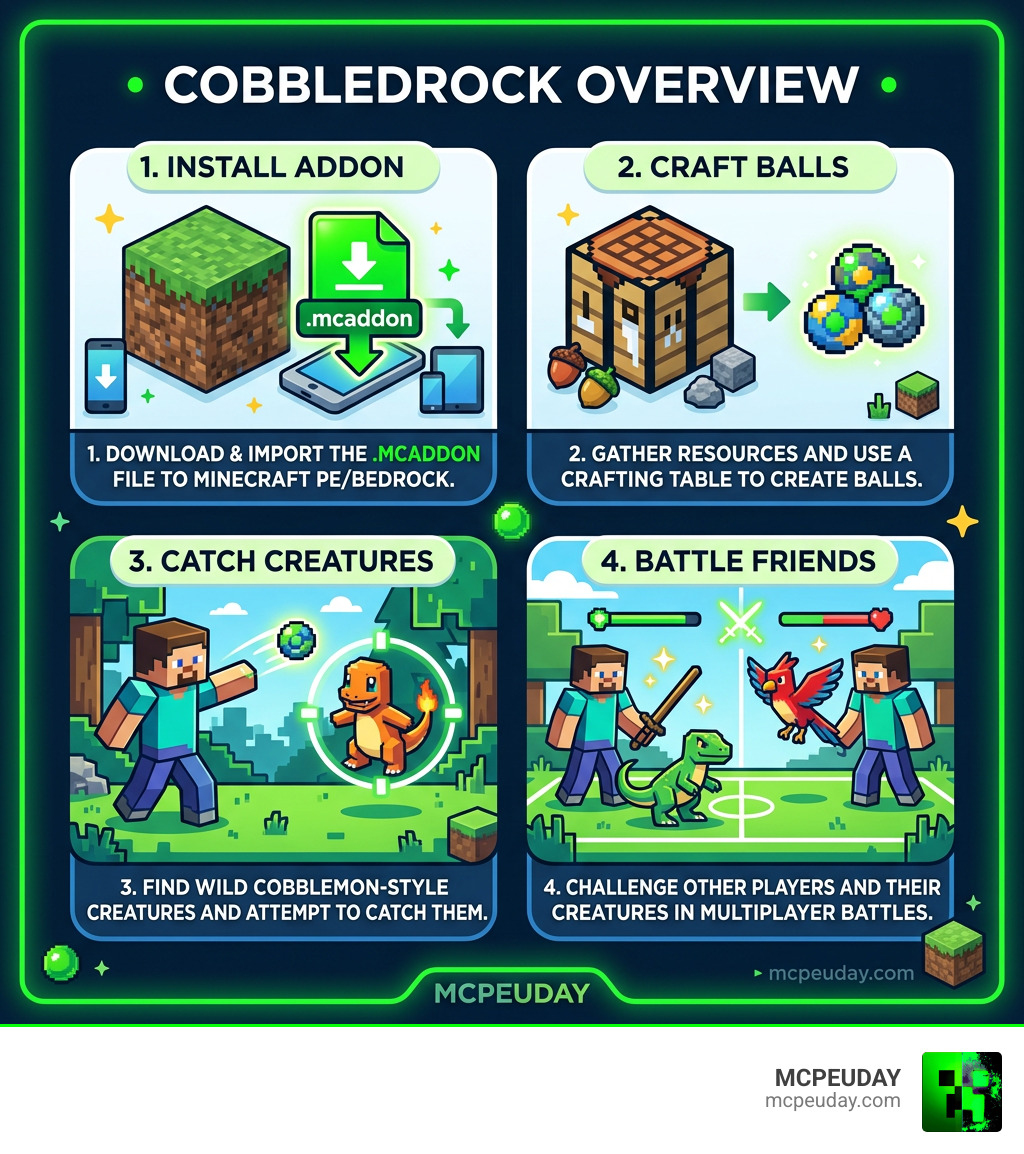 CobbleDrock overview: install addon, craft balls, catch creatures, battle friends infographic CobbleDrock overview: install addon, craft balls, catch creatures, battle friends infographic