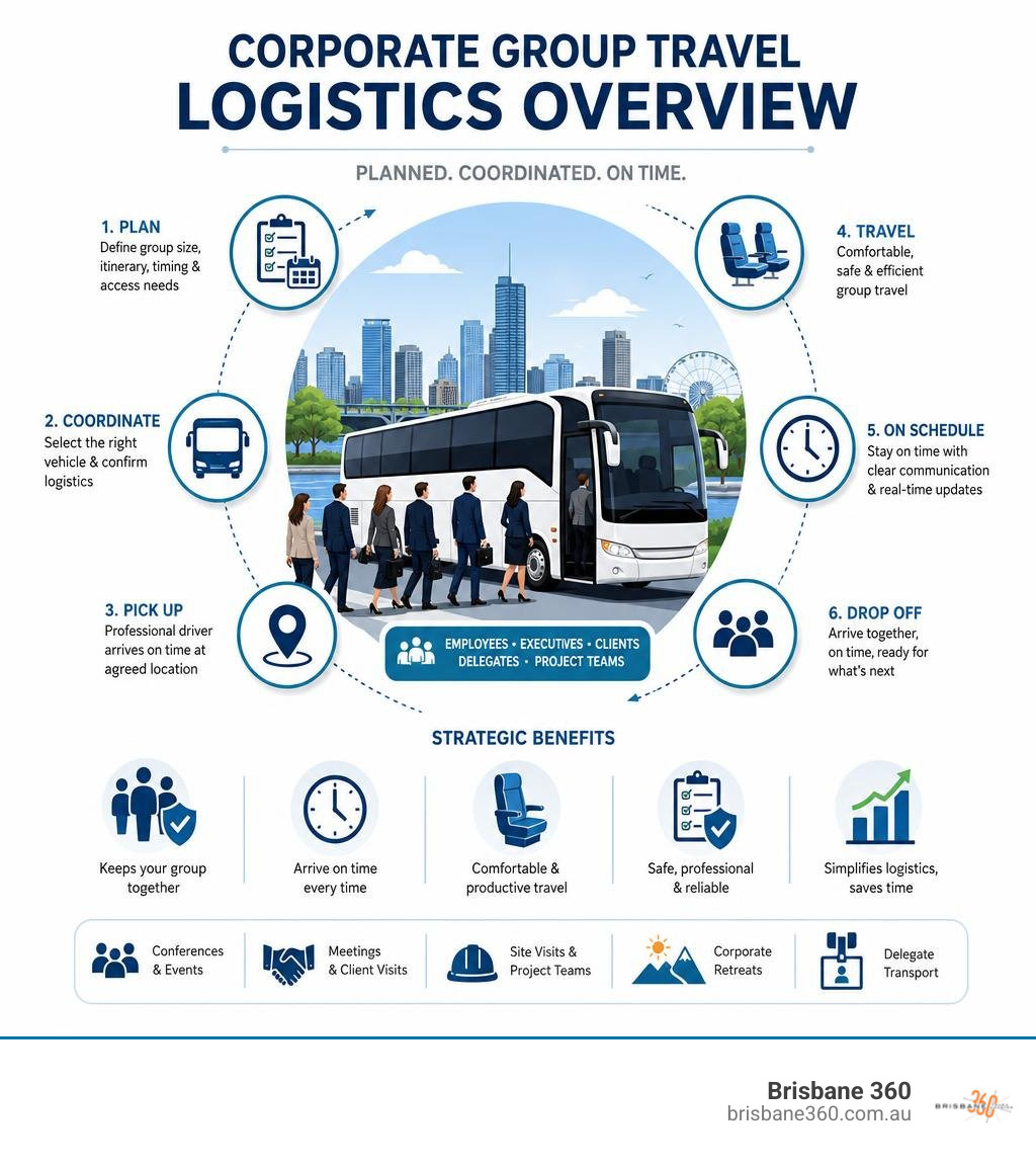 Corporate group travel logistics overview infographic