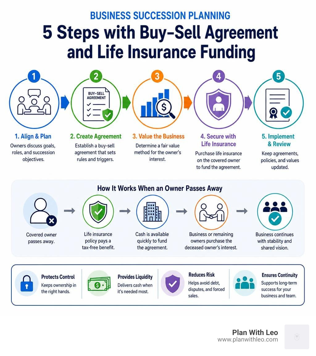 Business succession planning steps with buy-sell agreement and life insurance funding infographic Business succession planning steps with buy-sell agreement and life insurance funding infographic