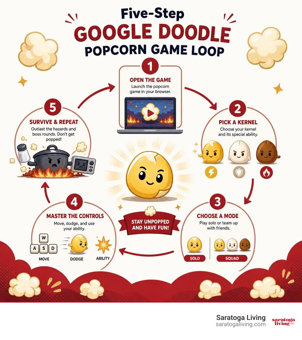 Five-step Google Doodle popcorn game loop infographic Five-step Google Doodle popcorn game loop infographic