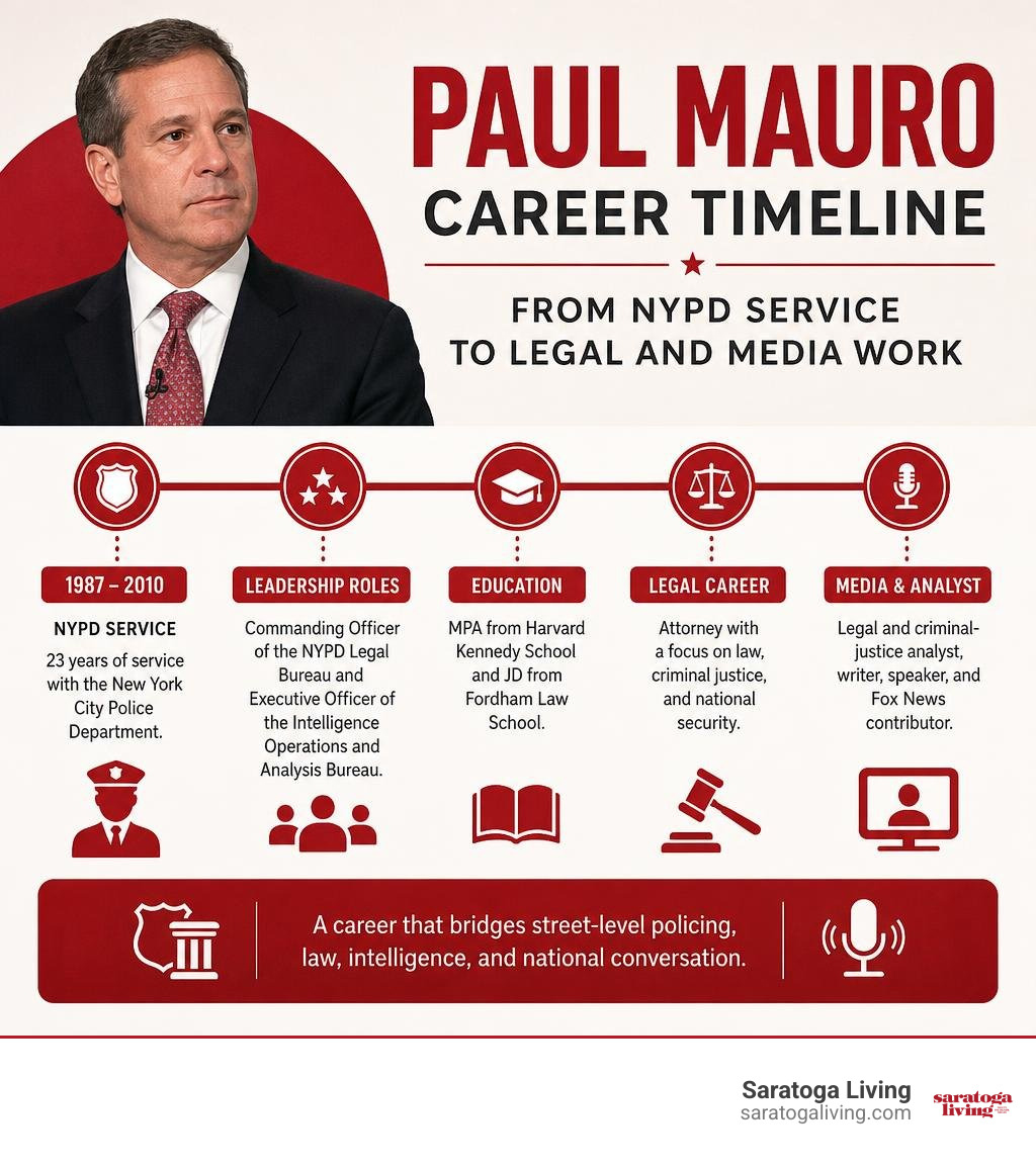Paul Mauro career timeline from NYPD service to legal and media work infographic