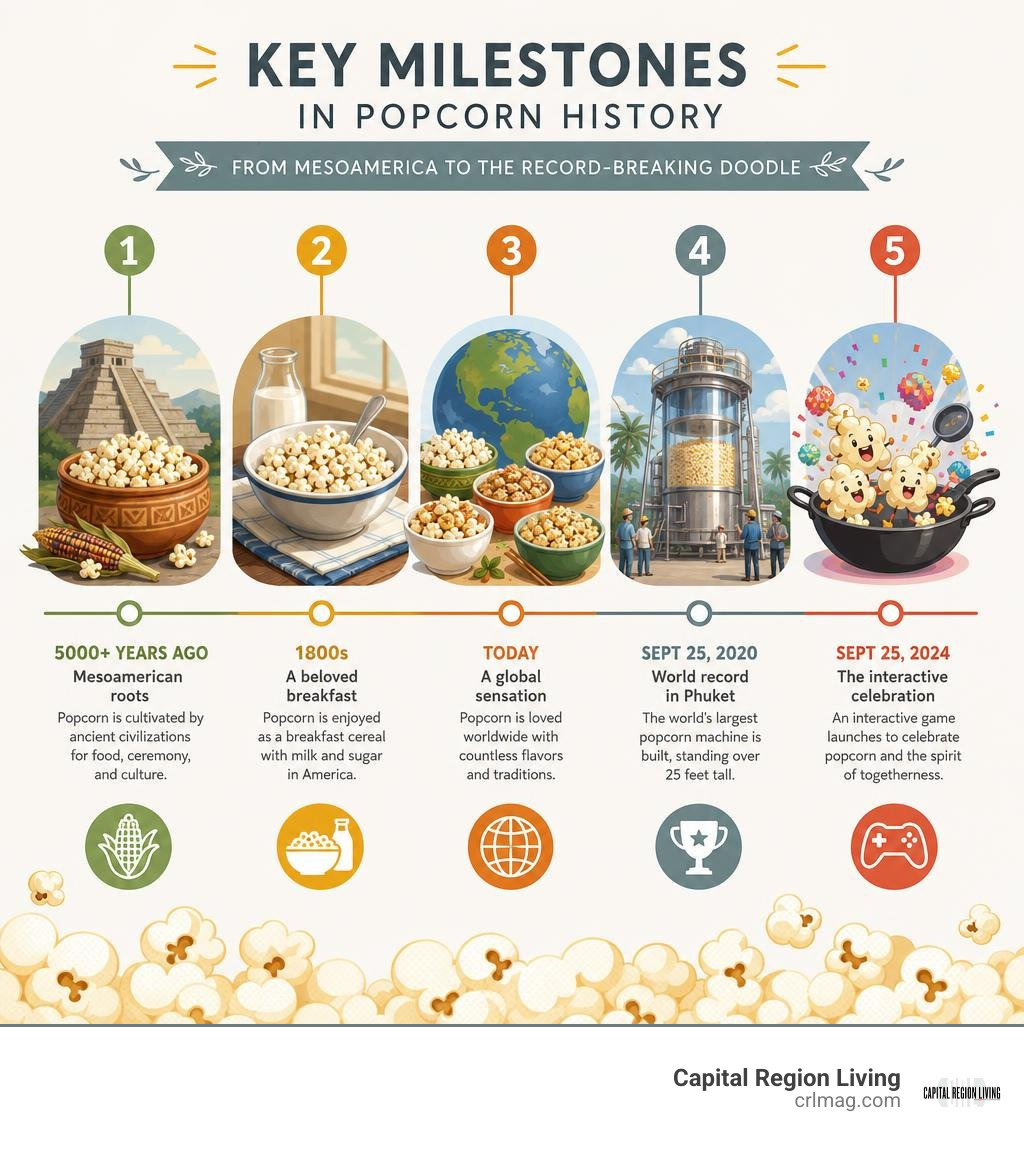 Key milestones in popcorn history from Mesoamerica to the record-breaking Doodle infographic