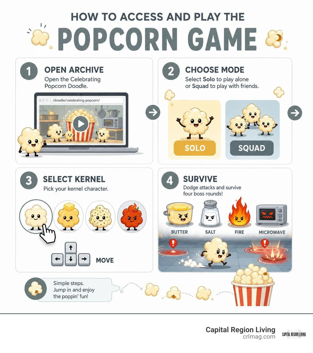 How to access the Google Doodle Popcorn Game: open archive, choose mode, select kernel, survive infographic
