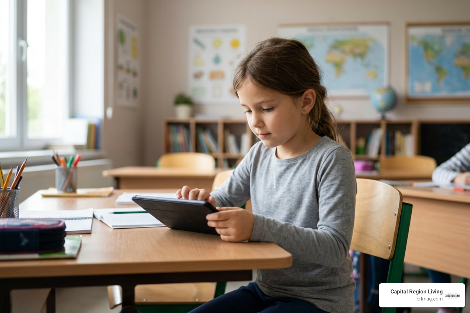 a student working calmly on a tablet device