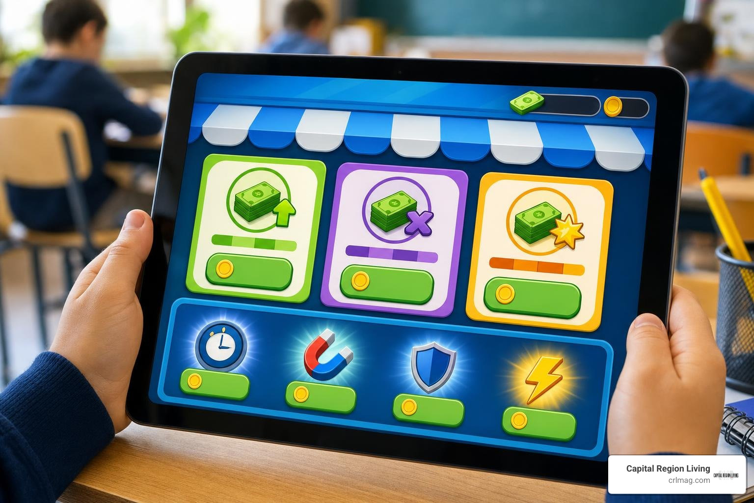 virtual shop interface with cash upgrades and power-ups