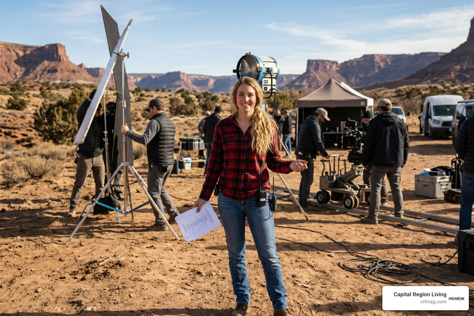 Hassie Harrison on set filming a television series scene Hassie Harrison on set filming a television series scene