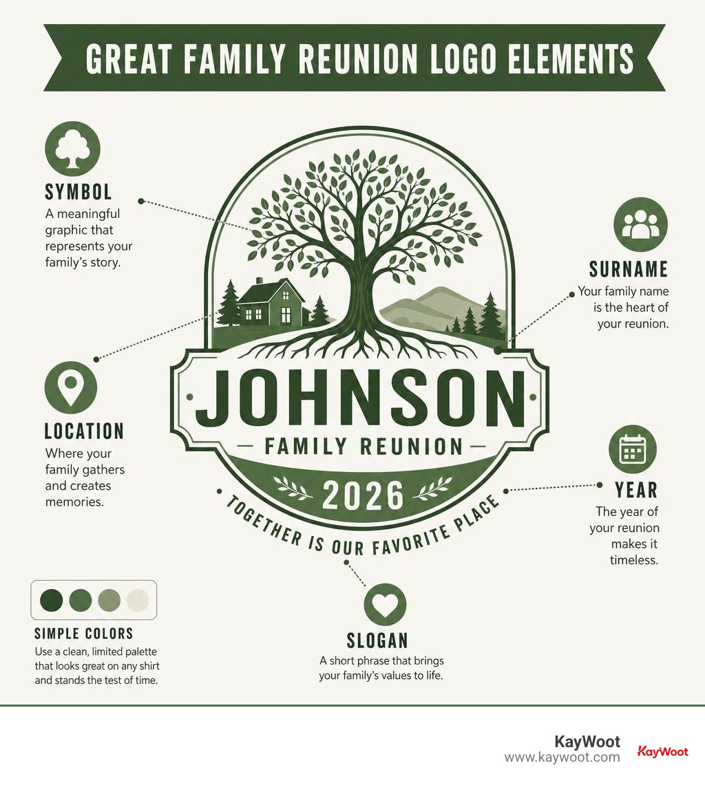 Great family reunion logo elements: symbol, surname, location, year, slogan, simple colors infographic Great family reunion logo elements: symbol, surname, location, year, slogan, simple colors infographic