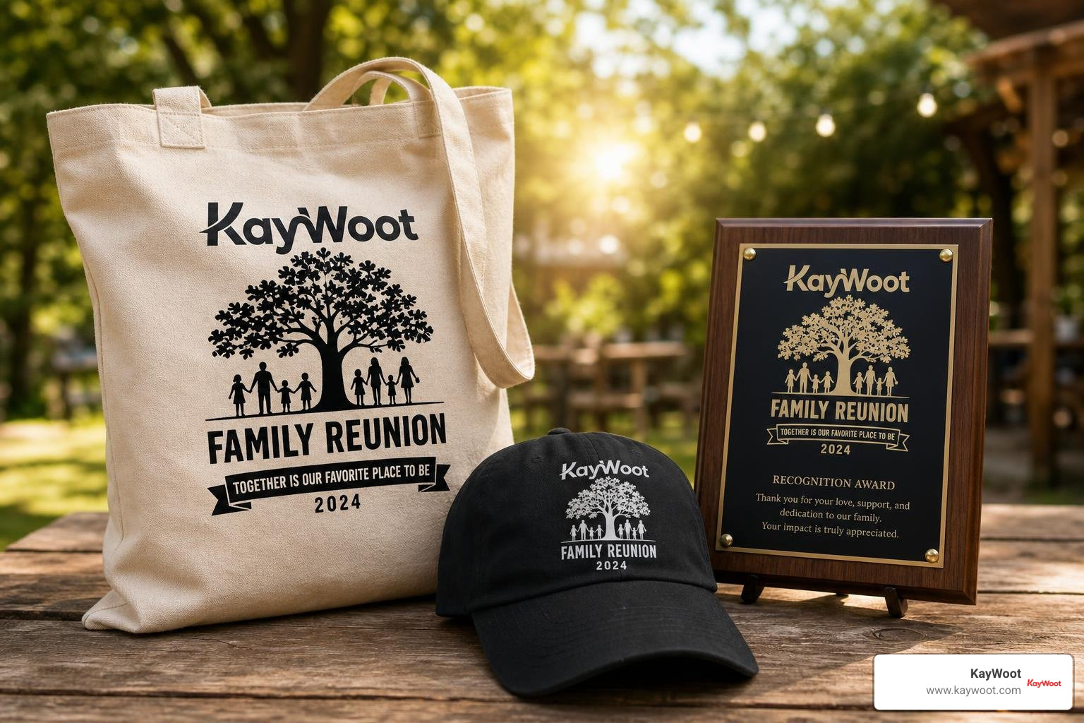 Customized family reunion merchandise displaying logos on tote bags, caps, and award plaques Customized family reunion merchandise displaying logos on tote bags, caps, and award plaques