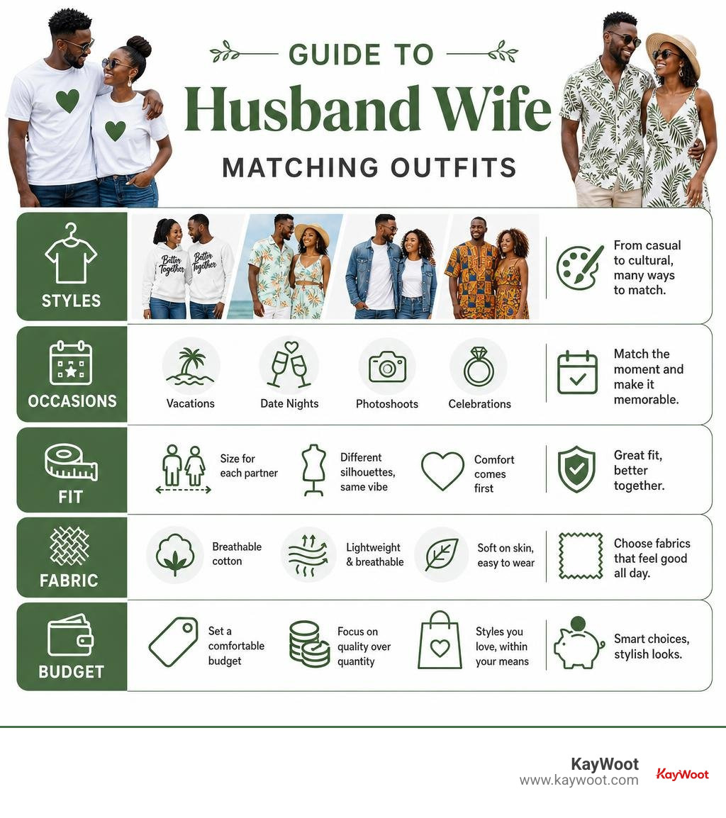 Guide to husband wife matching outfit styles, occasions, fit, fabric, and budget infographic Guide to husband wife matching outfit styles, occasions, fit, fabric, and budget infographic