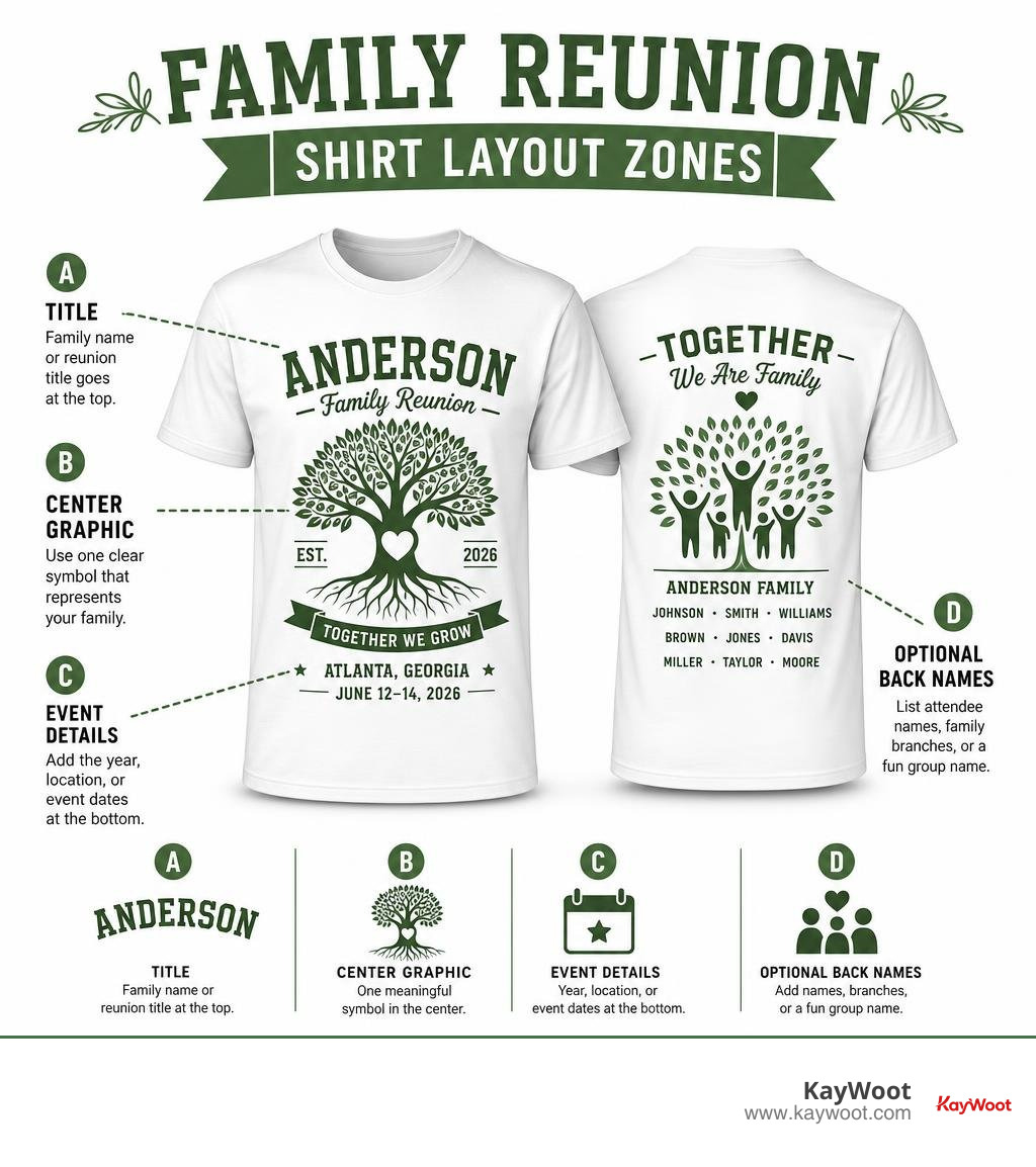 Family reunion shirt layout zones: title, center graphic, event details, and optional back names infographic Family reunion shirt layout zones: title, center graphic, event details, and optional back names infographic