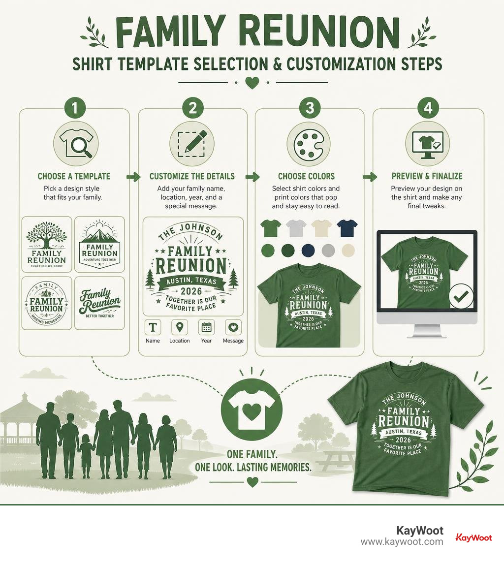 Family reunion shirt template selection and customization steps infographic Family reunion shirt template selection and customization steps infographic