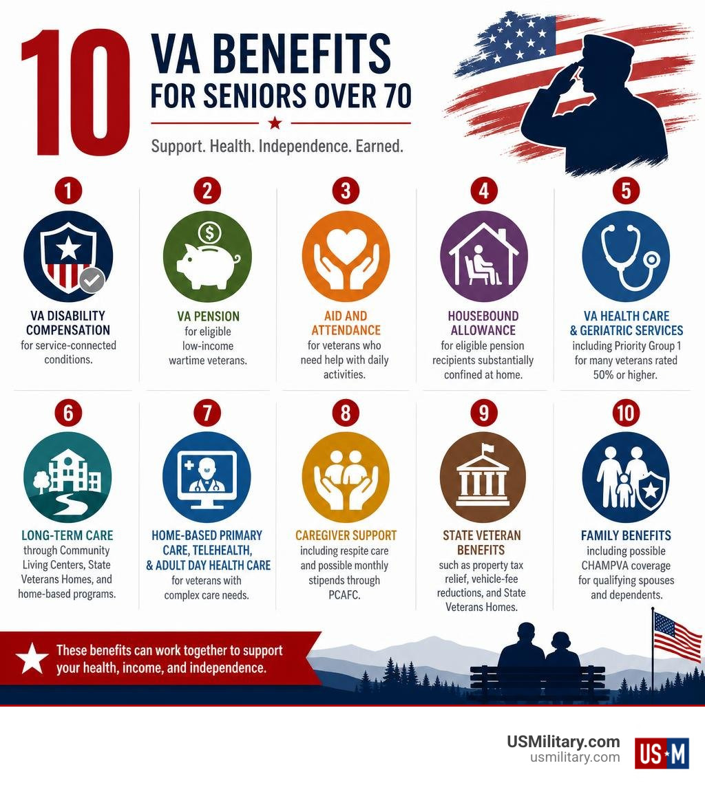 Infographic of 10 VA benefit categories for senior American veterans infographic Infographic of 10 VA benefit categories for senior American veterans infographic