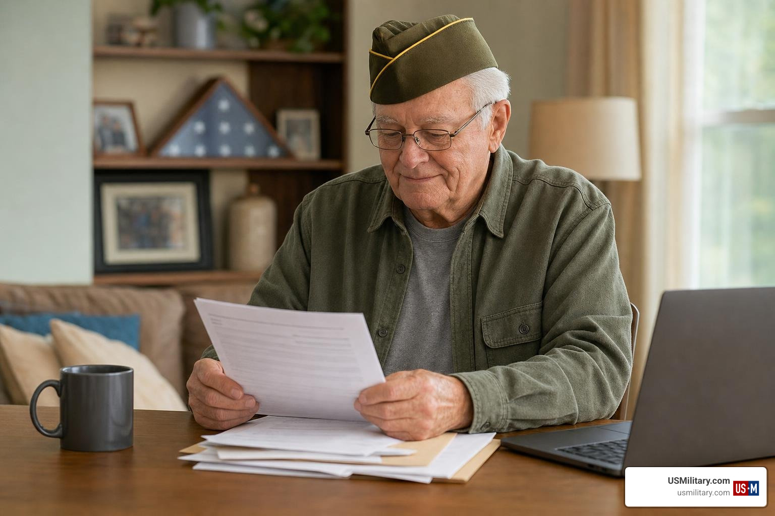 senior American veteran reviewing VA benefits senior American veteran reviewing VA benefits