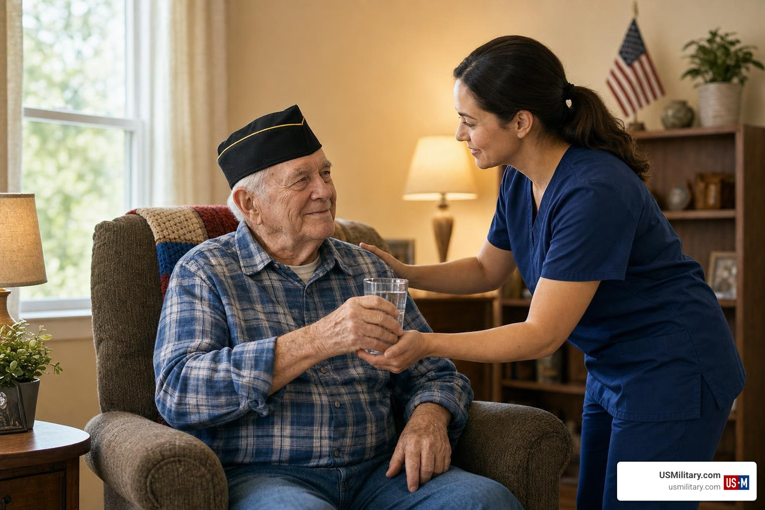 elderly American veteran receiving home healthcare assistance from a caregiver elderly American veteran receiving home healthcare assistance from a caregiver