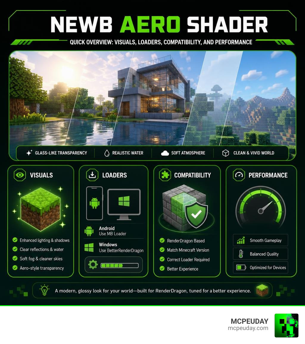 Newb Aero Shader quick overview: visuals, loaders, compatibility, and performance infographic Newb Aero Shader quick overview: visuals, loaders, compatibility, and performance infographic